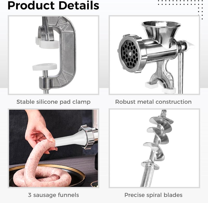 TIMCORR Manual Meat Grinder,304 Stainless Steel Hand Meat Grinder for Home Use, Food Grinder Manual Mincer Hand Crank with 3 Sausage Funnels, Hand Operated Kitchen Tool for Pork, Chili, and Sausage, Silver - Image 4